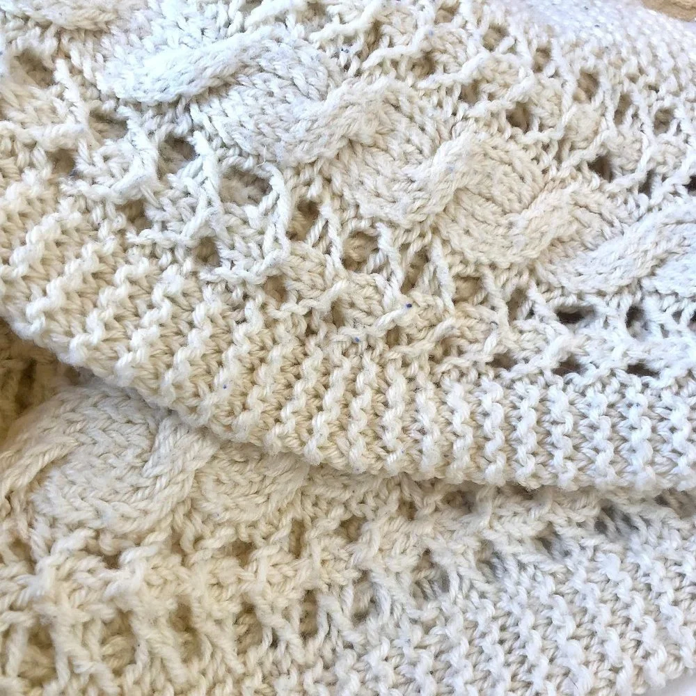Afghan Throw Hand Made Knit Blanket Cream Color 62